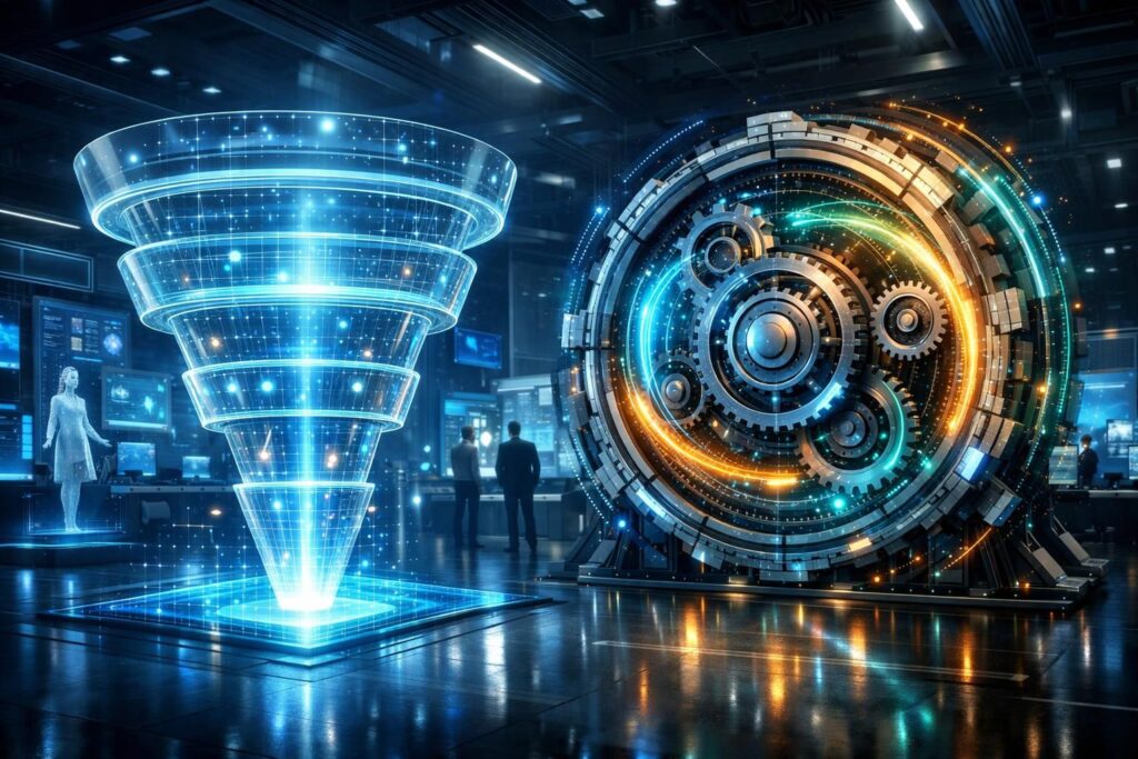 découvrez comment les architectures marketing évoluent de l'approche funnel traditionnelle vers le modèle flywheel en 2026, pour une stratégie plus dynamique et centrée sur la fidélisation client.