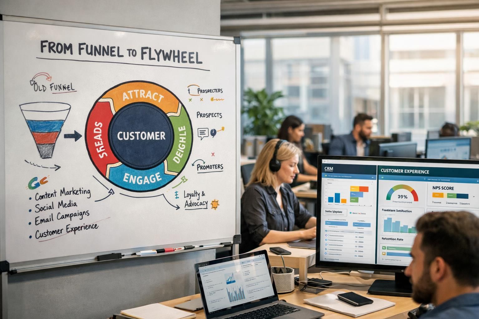 découvrez comment les architectures marketing évoluent en 2026, passant du modèle traditionnel du funnel à la dynamique innovante du flywheel pour une stratégie plus efficace et durable.